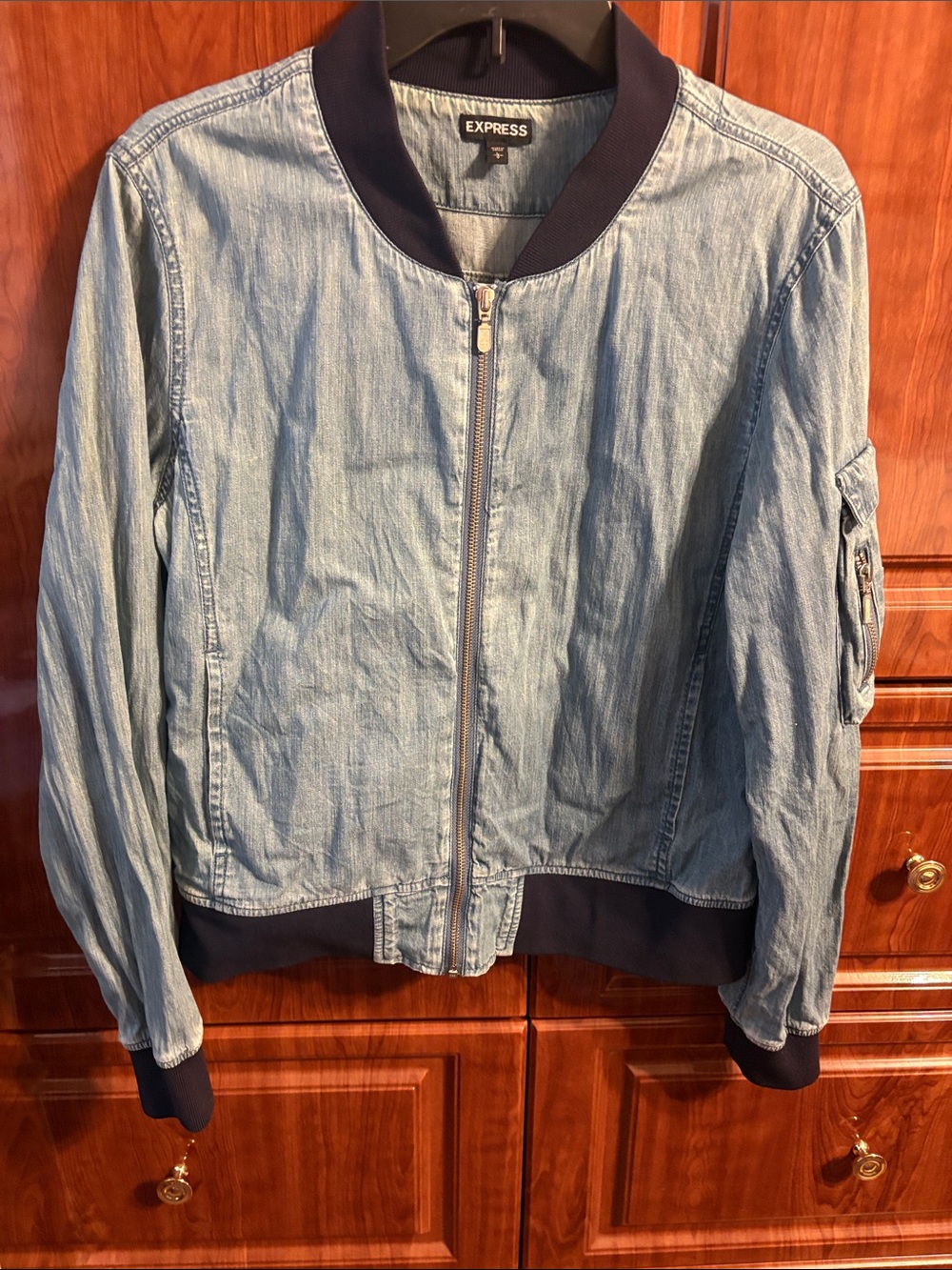 Express Light Wash Denim Bomber Jacket with Navy Trim